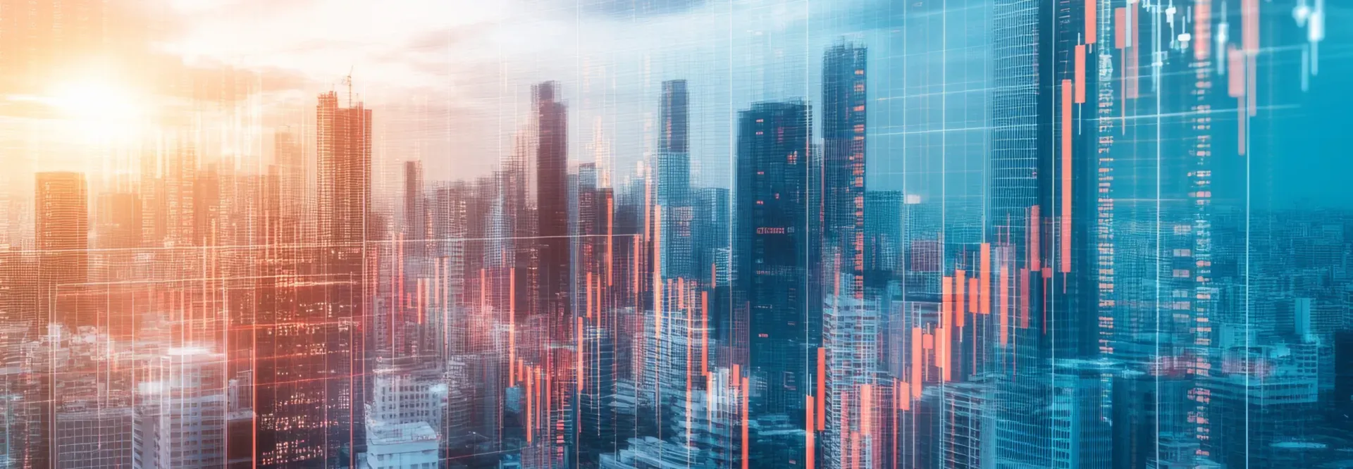 City skyline overlaid with financial trading data.