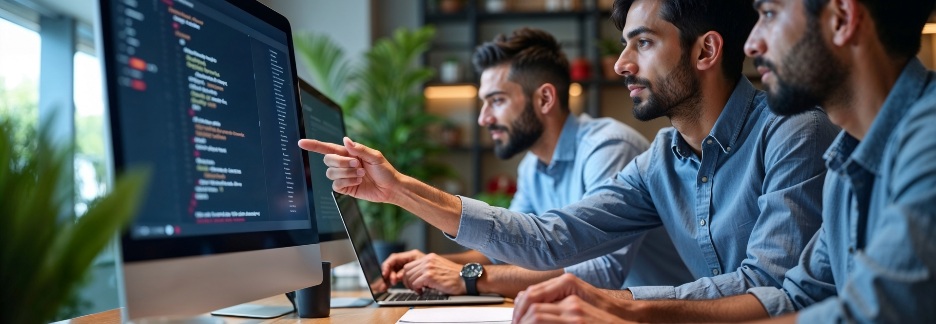 Three men looking at a computer screen, one pointing at code.