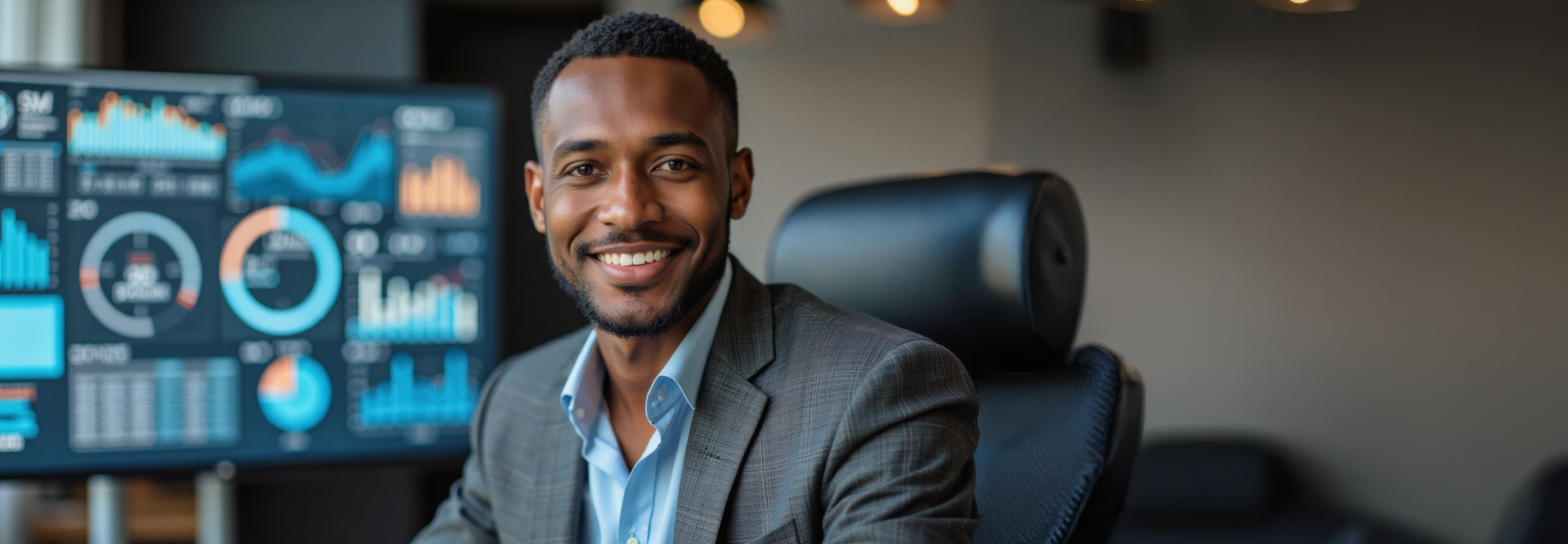 Man smiling in a suit, sitting in an office chair in front of a screen displaying financial data.