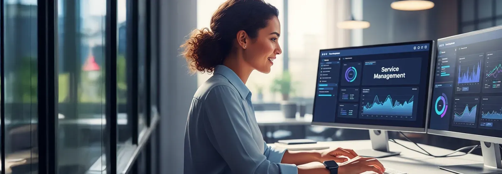 Woman working on a computer in a modern office, analyzing data on dual monitors.