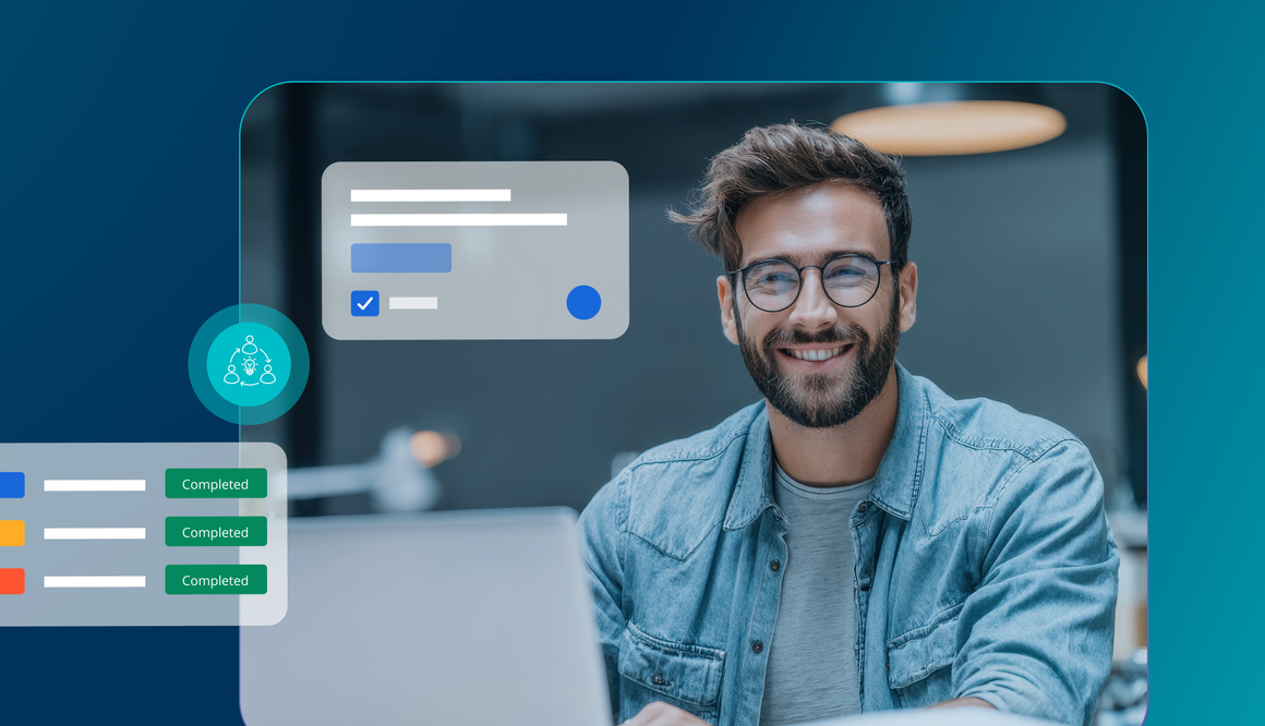 Man smiling at laptop; interface overlays with charts and data.