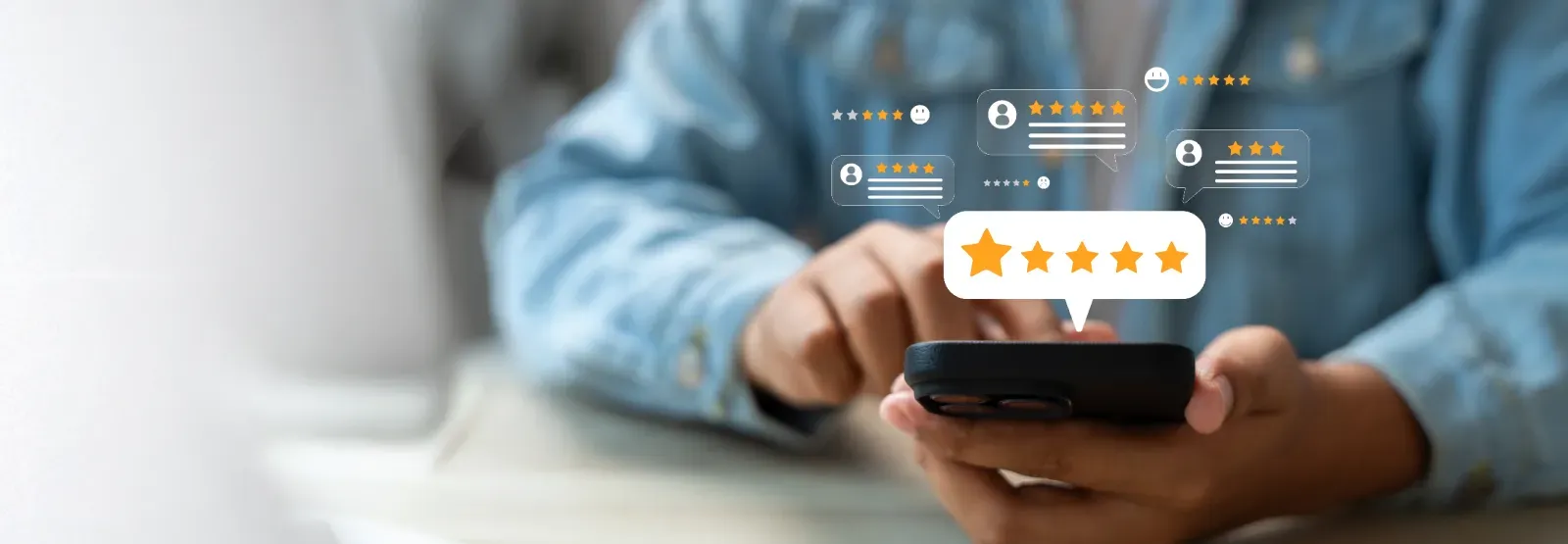 Person using a smartphone, giving a five-star rating with an interface overlay.