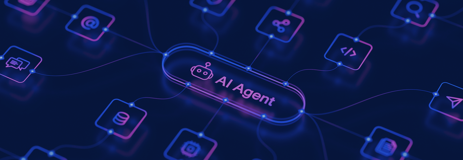 Neon AI agents icon network with glowing purple-blue lines and central “AI Agent” label on a dark background