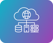 White cloud network icon on blue-to-purple gradient background, with globe and server/database symbols