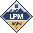 SAFe 5 Leading Portfolio Management (LPM) certification badge. Blue and yellow diamond with mountain graphic.