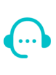 Blue icon of a headset with a speech bubble, suggesting customer support.