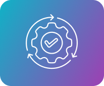 White gear with checkmark and circular arrows on a blue-to-purple gradient background
