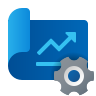 Blue chart icon with gear, depicting settings for data analysis.