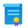 Blue certificate with golden seal and purple ribbon.