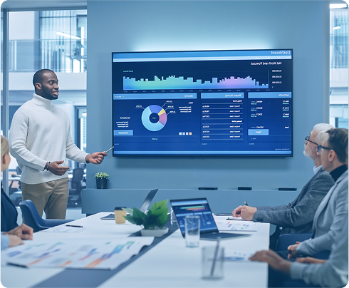 Man presenting data analysis on screen to colleagues in a modern office setting.