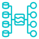 Database data flow connection icon. 4 databases connected to a central processor and distributed to 4 users.