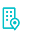 Blue building icon with location marker, indicating a specific address.