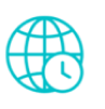 Teal globe icon with clock, representing global time or scheduling.