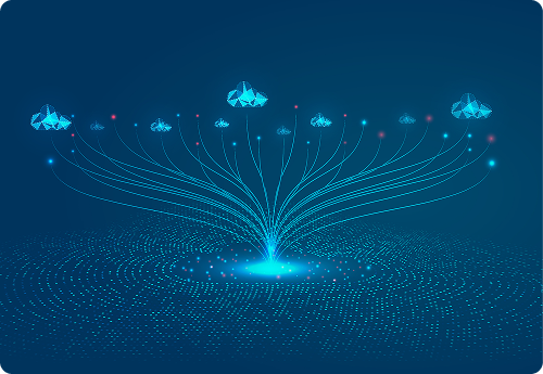 Abstract data flow visualization: blue digital network connecting clouds to a central point with glowing particles.