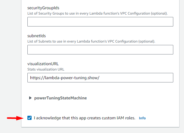 Configuration settings with a checkbox acknowledging custom IAM role creation, and a URL for state visualization.