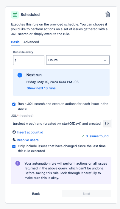Scheduled panel: Setting up JQL search and actions, includes a time interval and actions.