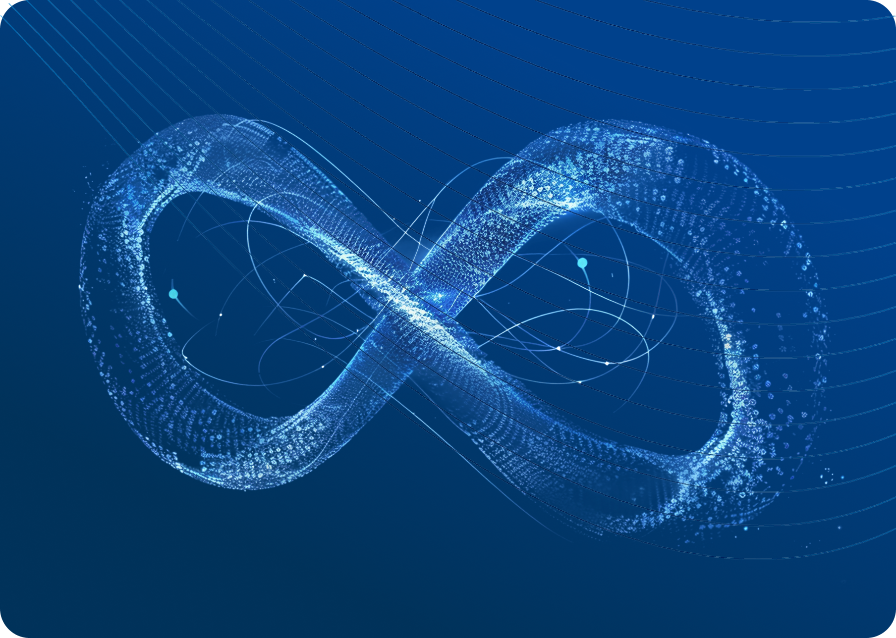 Blue abstract infinity symbol made of glowing digital lines on a dark blue background