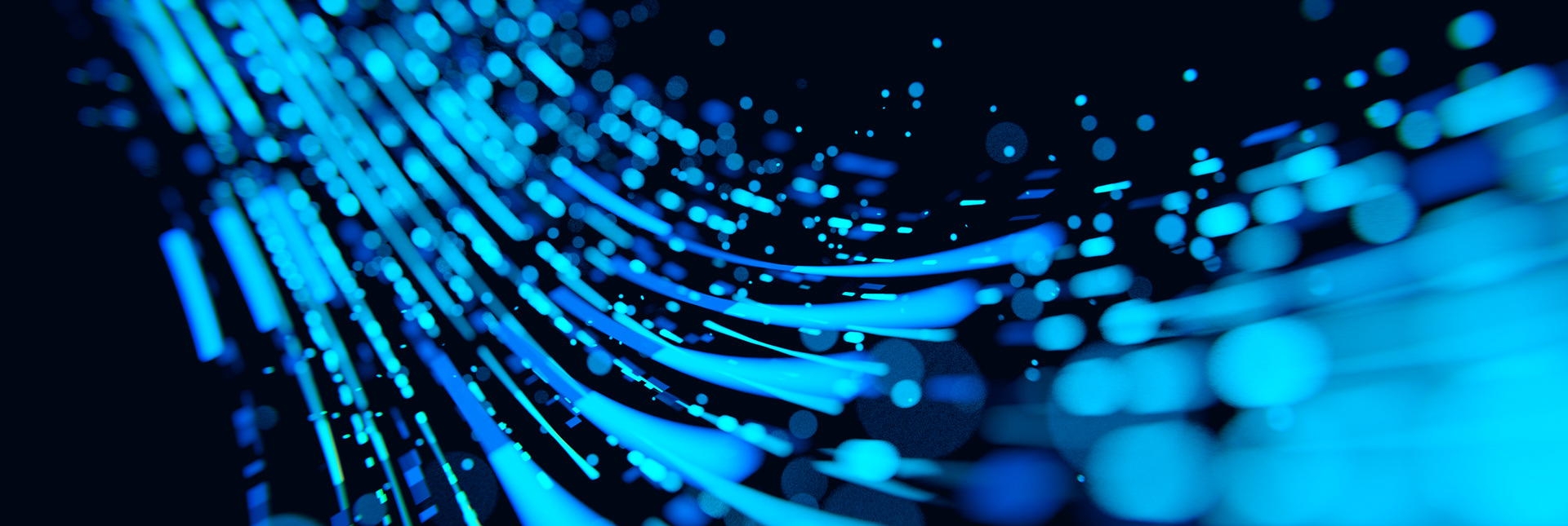 Blue streaks of light curve across a dark background, with scattered glowing dots.