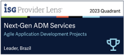 ISG Provider Lens quadrant, Next-Gen ADM Services, Agile Application Development Projects Leader, Brazil. Blue and white with a trophy icon.