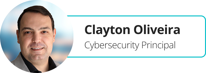 Profile card with headshot and text “Clayton Oliveira, Cybersecurity Principal”