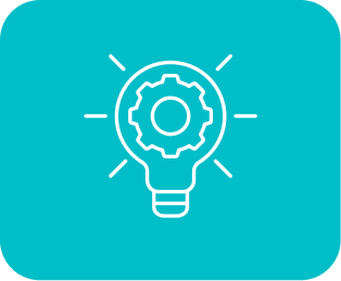 White outline of a gear inside a lightbulb on a teal background, symbolizing innovation.