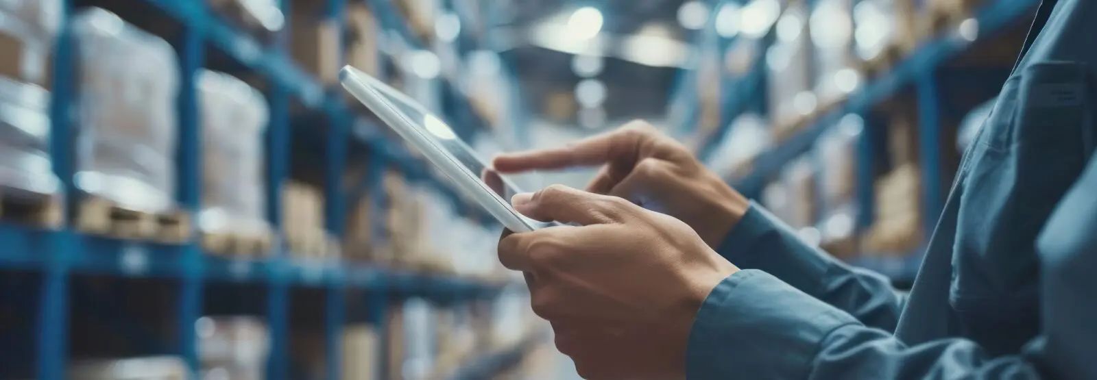 Person using a tablet in a warehouse, likely for inventory management. Shelves with packages in the background.