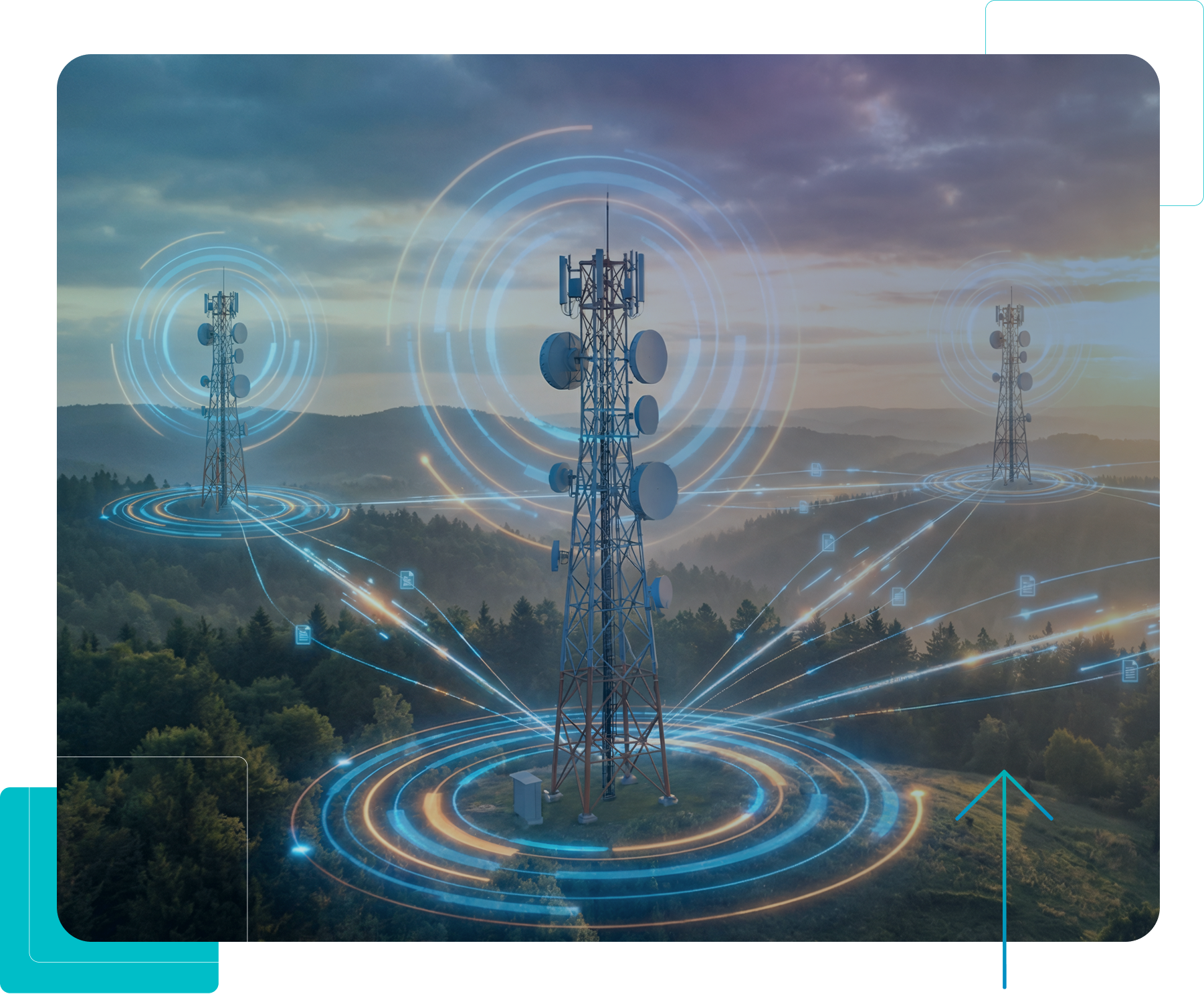 Futuristic cell towers with blue signal rings over a landscape at sunset