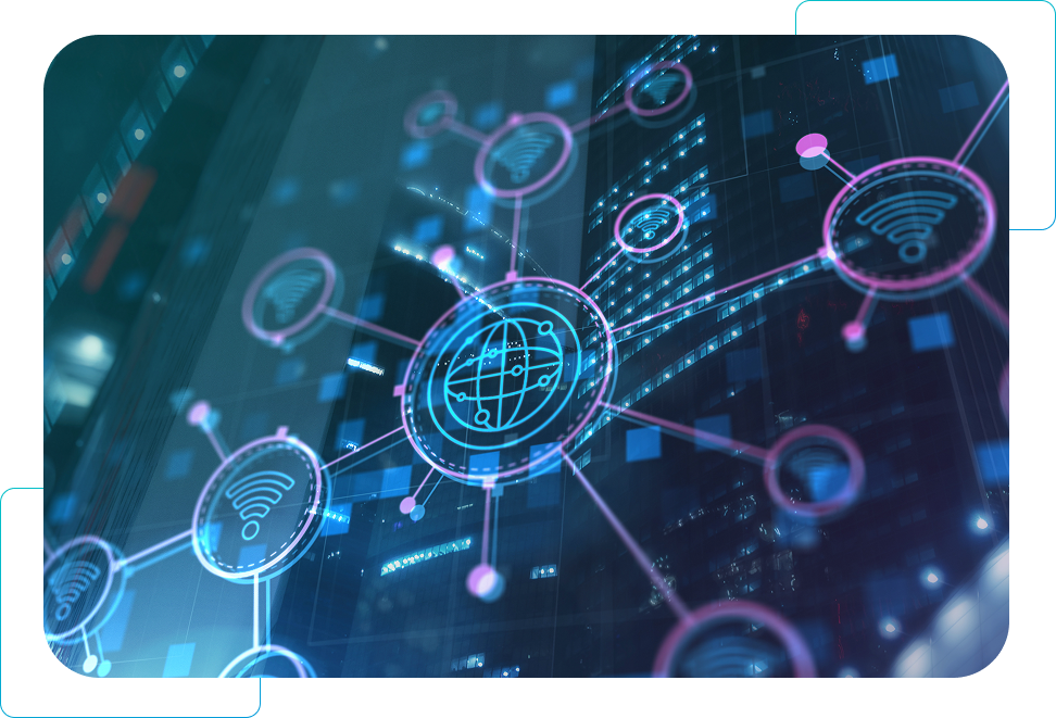 Glowing digital network with connected circular nodes on a dark blue tech background