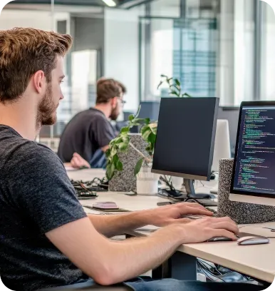 Man in grey shirt coding at a computer in a modern office, another person blurred in background.
