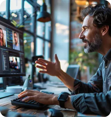 Man in casual shirt gestures during a video call on a computer, indoors with natural light.