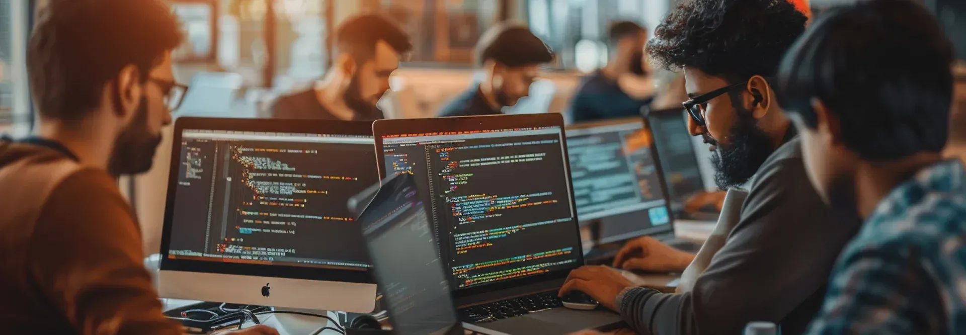 People working on computers at a desk. The computers display code.