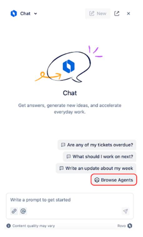 Chat interface with a prompt box, example questions, and