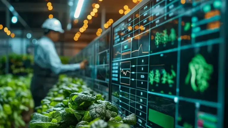 Person in a white hard hat monitors screens with data in a hydroponic farm.
