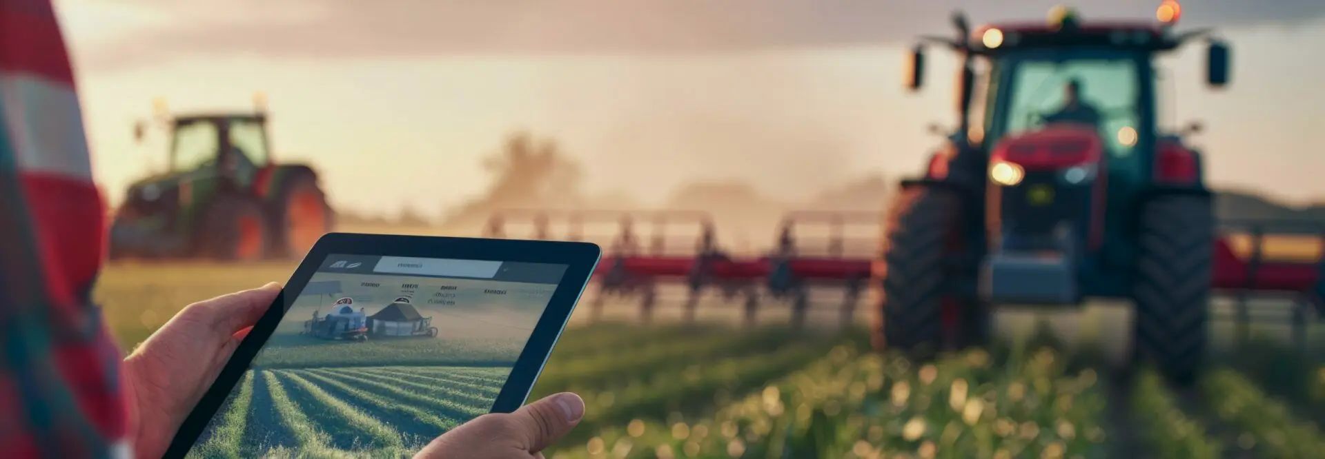 A farmer using a tablet to monitor crops, tractors in the background, a sunny field.