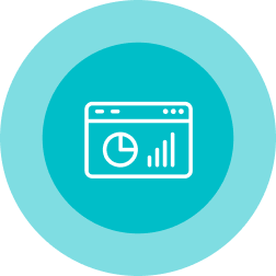 Dashboard with pie chart and bar graph, within teal and light blue circles.