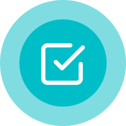 White checkmark inside a square, inside a turquoise circle on a lighter turquoise background.