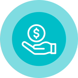 Hand holding a coin with a dollar sign, within a teal circle.
