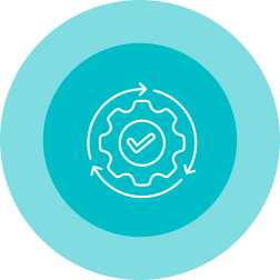 Gear with check mark and arrows, inside a turquoise circle.