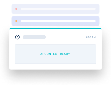 UI card with “AI CONTEXT READY” banner and small status indicators in a clean pastel interface