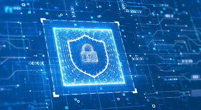 Digital shield icon with padlock, glowing blue on circuit board background.