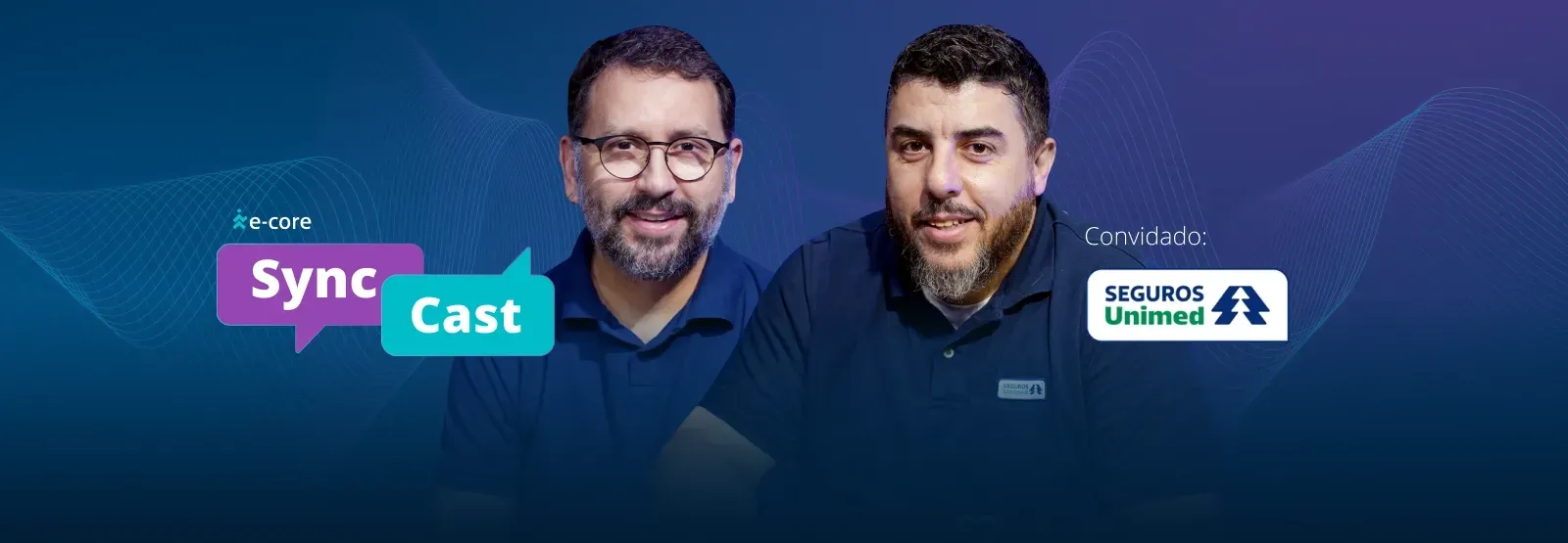 Two men smiling, in front of a blue background with text bubbles reading 