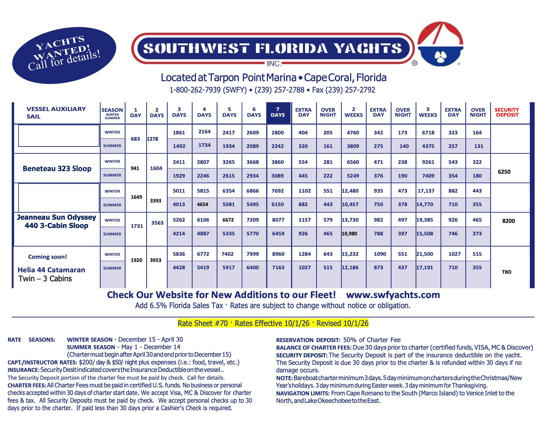 A brochure for southwest florida yachts is shown