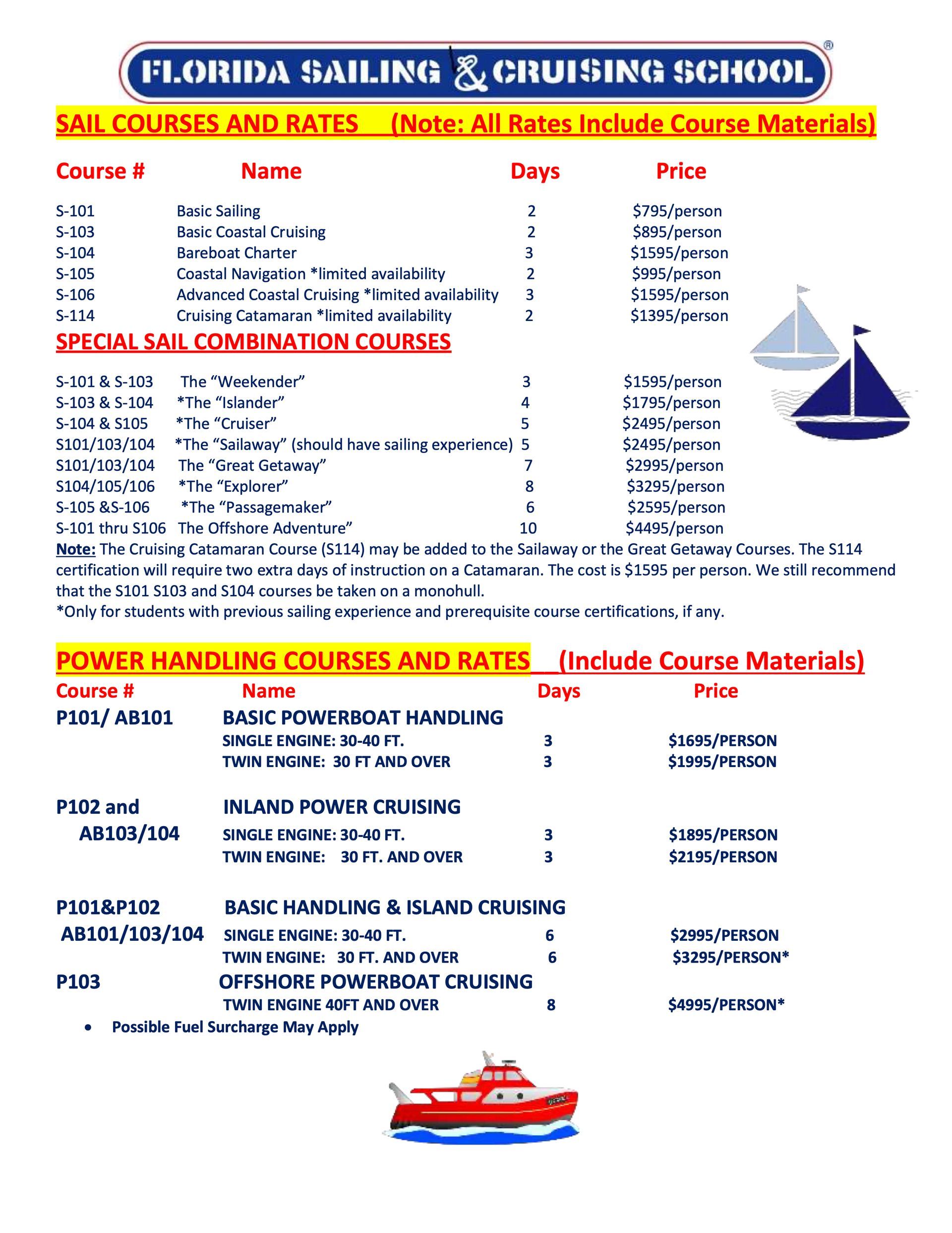 A list of florida sailing and cruising courses and rates