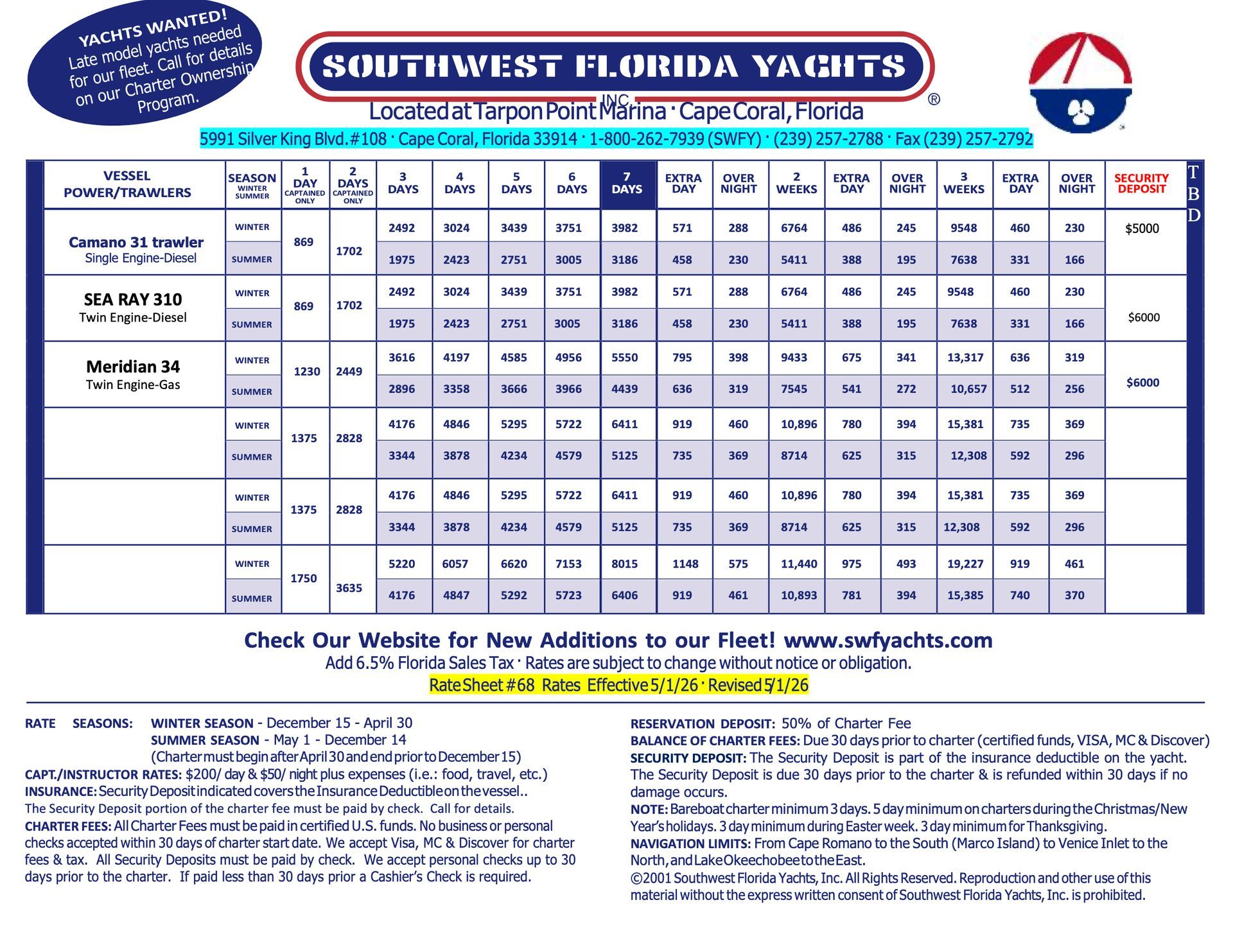 A brochure for southwest florida yachts is shown