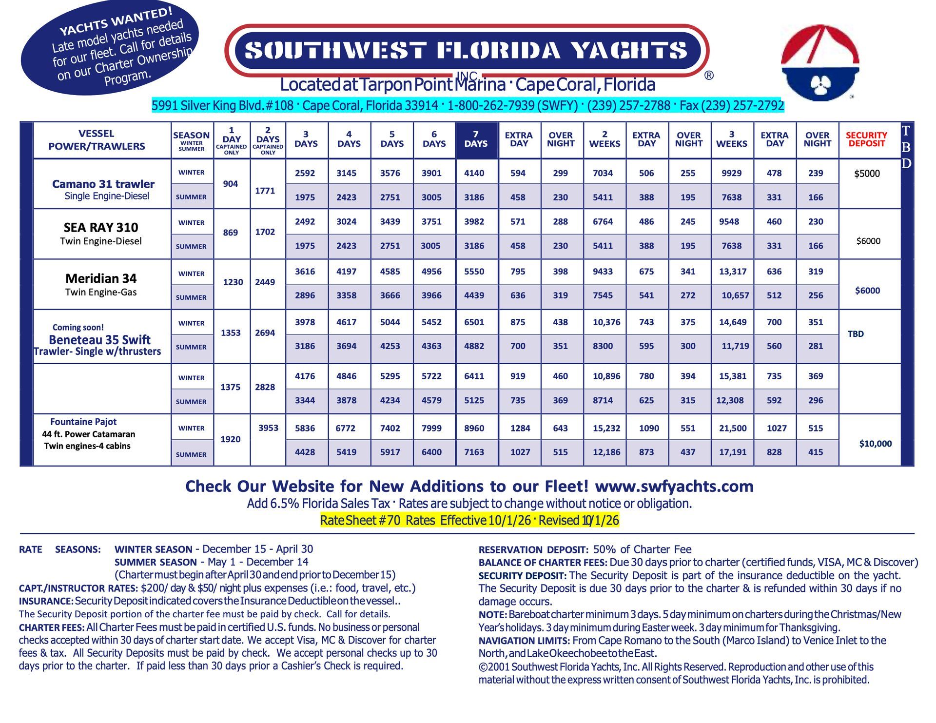 A brochure for southwest florida yachts is shown