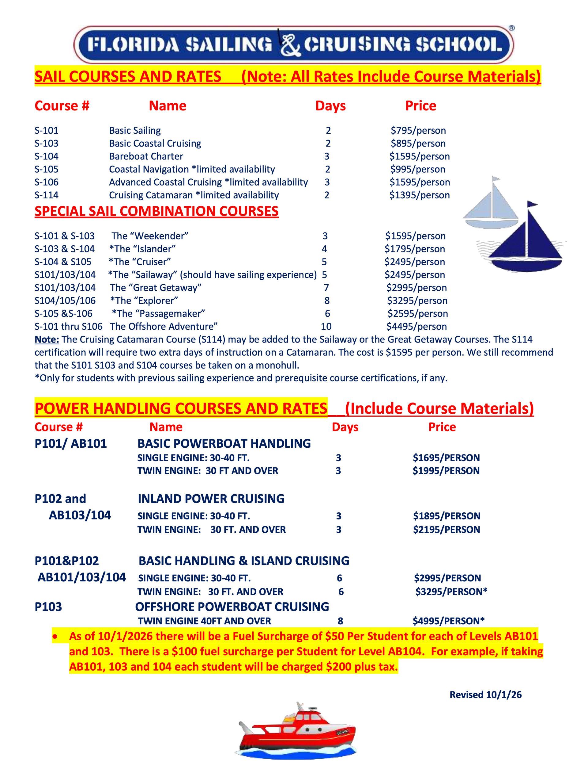 A list of sail courses and rates with a picture of a sailboat