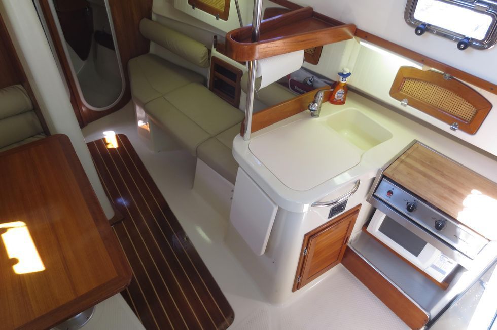 An aerial view of a kitchen on a boat