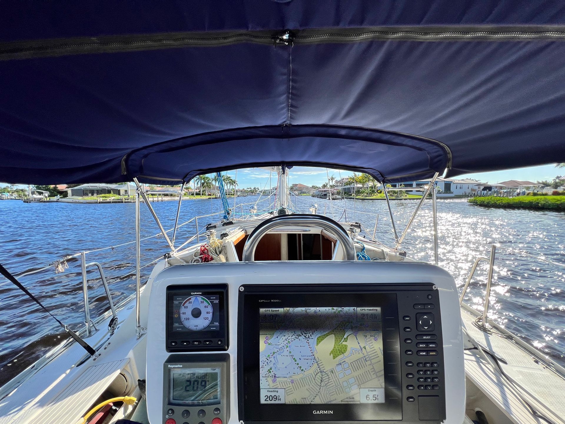 The front of a sailboat with a navigation system on it