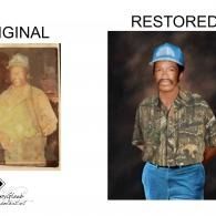 Side-by-side “original” faded photo and restored portrait of a man in a blue hard hat and camouflage shirt