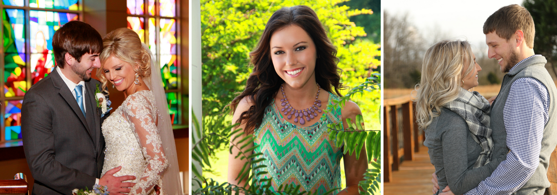 Three side-by-side portraits in colorful outdoor settings